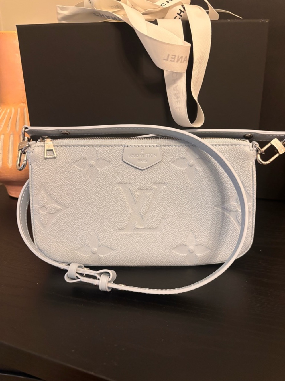 Auth Louis Vuitton Empreinte Monogram Giant Pochette Accessories Washed Blue
